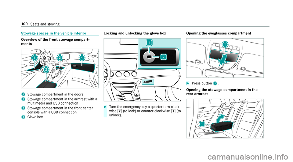 MERCEDES-BENZ AMG GT 4-DOOR COUPE 2019  Owners Manual St
ow agespace sin theve hicl eint erior Ov
ervie wof thefront stowage com part‐
men ts 1
Stow agecom partment inthedoor s
2 Stow agecom partment inthear mr estwit ha
multimedia andUSB connect ion
3