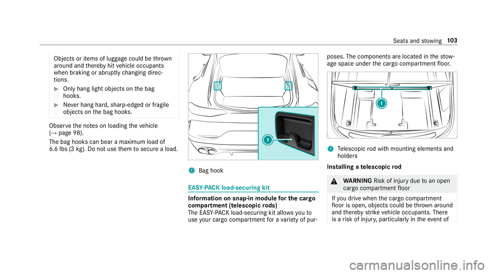 MERCEDES-BENZ AMG GT 4-DOOR COUPE 2019  Owners Manual Objects
oritems oflugg agecould bethrow n
ar oun dand ther eb yhit vehicle occupants
when braking orabr uptly ch ang ingdirec‐
tio ns. #
Onlyhang lightobject son thebag
hook s. #
Neverhang hard,shar
