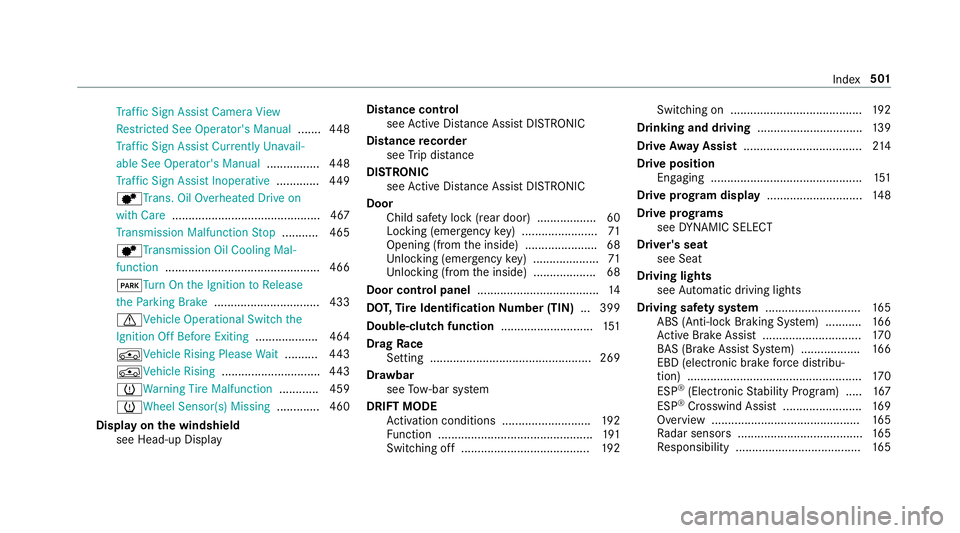 MERCEDES-BENZ AMG GT 4-DOOR COUPE 2019  Owners Manual Tr
af fic Sign AssistCamer aVi ew
Re strict ed See Operator's Manua l...... .448
Tr af fic Sign AssistCur rently Unavail‐
able SeeOperat or'sMan ual................ 448
Tr af fic Sign Assist