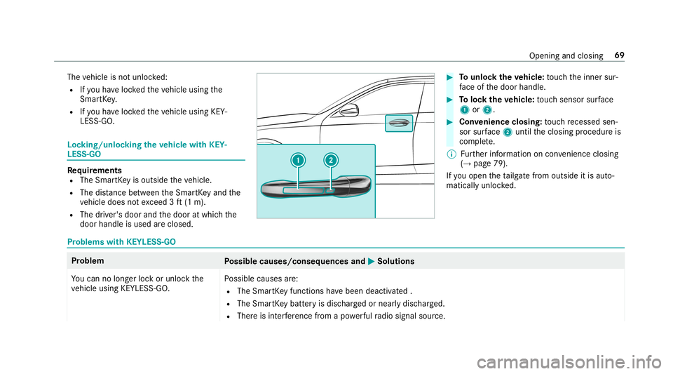 MERCEDES-BENZ AMG GT 4-DOOR COUPE 2019 Owners Manual The
vehicle isno tunloc ked:
R Ifyo uha ve loc kedth eve hicle using the
Smar tKey .
R Ifyo uha ve loc kedth eve hicle using KEY‐
LESS -GO. Loc
king/unloc kingtheve hicl ewith KEY‐
LES S-GO Re
qui MERCEDES-BENZ AMG GT 4-DOOR COUPE 2019 Owners Manual The
vehicle isno tunloc ked:
R Ifyo uha ve loc kedth eve hicle using the
Smar tKey .
R Ifyo uha ve loc kedth eve hicle using KEY‐
LESS -GO. Loc
king/unloc kingtheve hicl ewith KEY‐
LES S-GO Re
qui