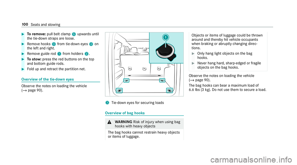 MERCEDES-BENZ G-CLASS 2019  Owners Manual #
Toremo ve:pu llbe ltcla mp 5upw ards unt il
th etie-do wnstra ps areloose. #
Remo vehook s3 from tie-do wneyes4 on
th elef tand right. #
Remo veguide rod1 from holder s2. #
Tosto w:press there dbutt