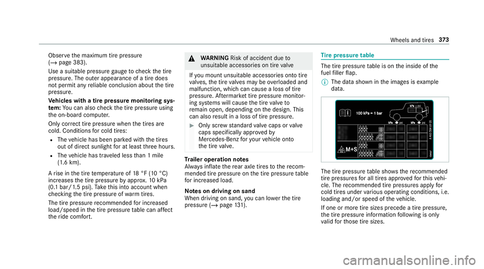 MERCEDES-BENZ G-CLASS 2019 Owners Manual Obser
vethemaximum tirepr essur e
(/ page383).
Use asuit able pressur ega ug eto checkth etir e
pr essur e.The outerappear anceofatir edoes
no tper mit anyre liable conclusion aboutthetir e
pr essur e MERCEDES-BENZ G-CLASS 2019 Owners Manual Obser
vethemaximum tirepr essur e
(/ page383).
Use asuit able pressur ega ug eto checkth etir e
pr essur e.The outerappear anceofatir edoes
no tper mit anyre liable conclusion aboutthetir e
pr essur e