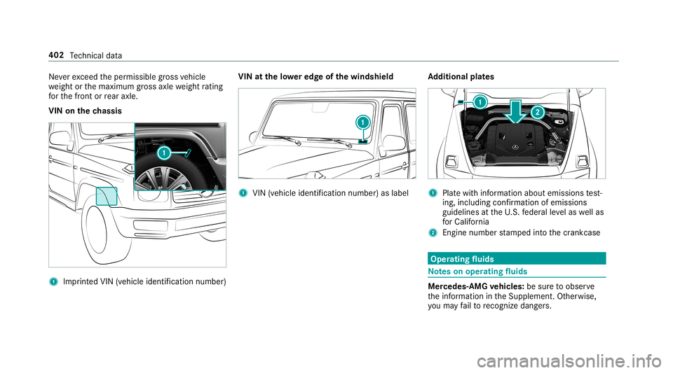 MERCEDES-BENZ G-CLASS 2019  Owners Manual Ne
verexc eed theper missible gross vehicle
we ight orthemaximum gross axle weight rating
fo rth efront orrear axle .
VIN onthech assi s 1
Imprint ed VIN (vehi cle identif icati onnumbe r)VIN
atthelo 