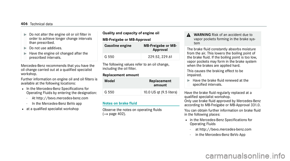 MERCEDES-BENZ G-CLASS 2019  Owners Manual #
Donotal te rth eengine oiloroil filt er in
or der toachie velong erchang eint erva ls
th an presc ribed. #
Donotuse additiv es. #
Have theengine oilchang edafte rth e
pr escr ibed interva ls. Mer
ce