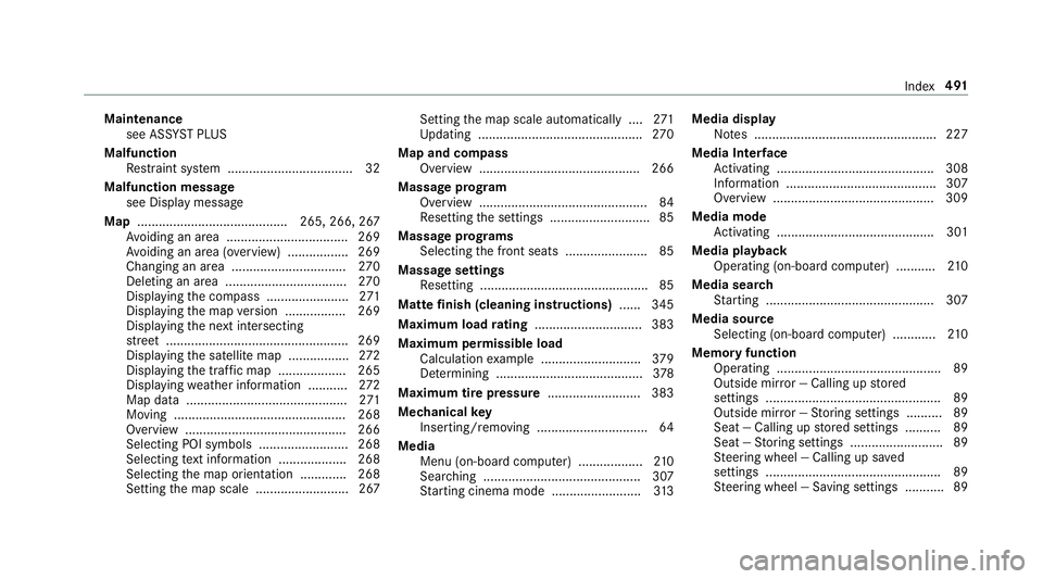 MERCEDES-BENZ G-CLASS 2019  Owners Manual Maint
enanc e
see ASSYSTPL US
Malfunct ion
Re stra int system .............................. ..... 32
Malfu nction messag e
see Displa ymessag e
Map ............... ........................... 265, 26