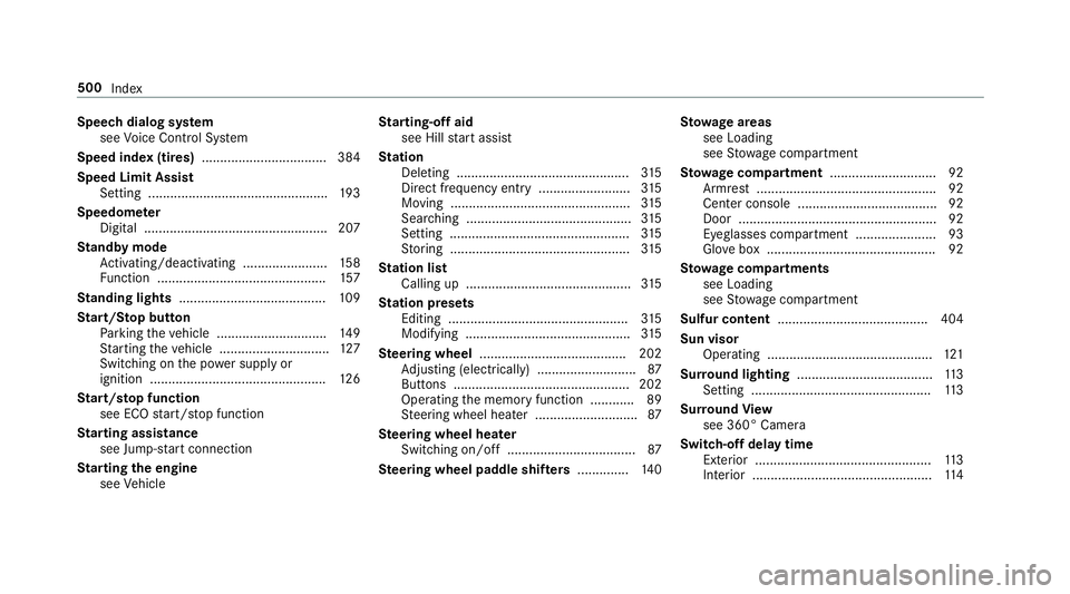 MERCEDES-BENZ G-CLASS 2019  Owners Manual Speec
hdialog system
see Voice Cont rolSy stem
Speed index(tir es) ..................................3 84
Speed LimitAssist
Se ttin g............................................. ....1 93
Spee dome te