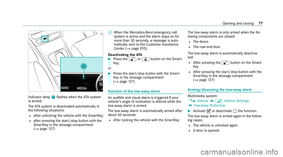 MERCEDES-BENZ G-CLASS 2019  Owners Manual Indicat
orlam p1 flashes whentheAT Asy stem
is armed.
The ATAsy stem isdeactiv ated aut omaticall yin
th efo llo wing situat ions:
R afte runloc kingtheve hicle withth eSmar tKey
R afte rpr essing the