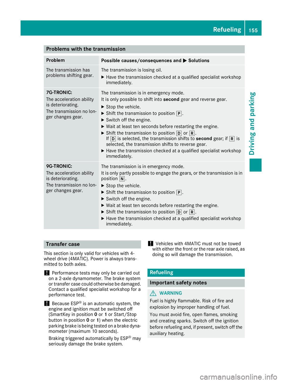 MERCEDES-BENZ GLS SUV 2019 Owners Manual Problems with the transmission
Problem
Possible causes/consequences and
0050
0050Solutions The transmission has
problems shifting gear. The transmission is losing oil.
X Have the transmission checked MERCEDES-BENZ GLS SUV 2019 Owners Manual Problems with the transmission
Problem
Possible causes/consequences and
0050
0050Solutions The transmission has
problems shifting gear. The transmission is losing oil.
X Have the transmission checked