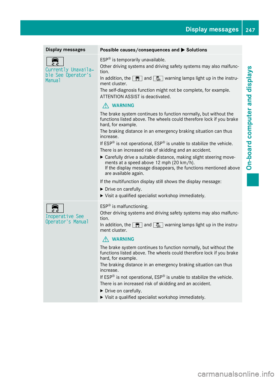 MERCEDES-BENZ GLS SUV 2019 Owners Manual Display messages
Possible causes/consequences and
0050
0050Solutions 00E5
Currently Unavaila‐ Currently Unavaila‐
ble See Operator's ble See Operator's
Manual Manual ESP
®
is temporarily MERCEDES-BENZ GLS SUV 2019 Owners Manual Display messages
Possible causes/consequences and
0050
0050Solutions 00E5
Currently Unavaila‐ Currently Unavaila‐
ble See Operator's ble See Operator's
Manual Manual ESP
®
is temporarily
