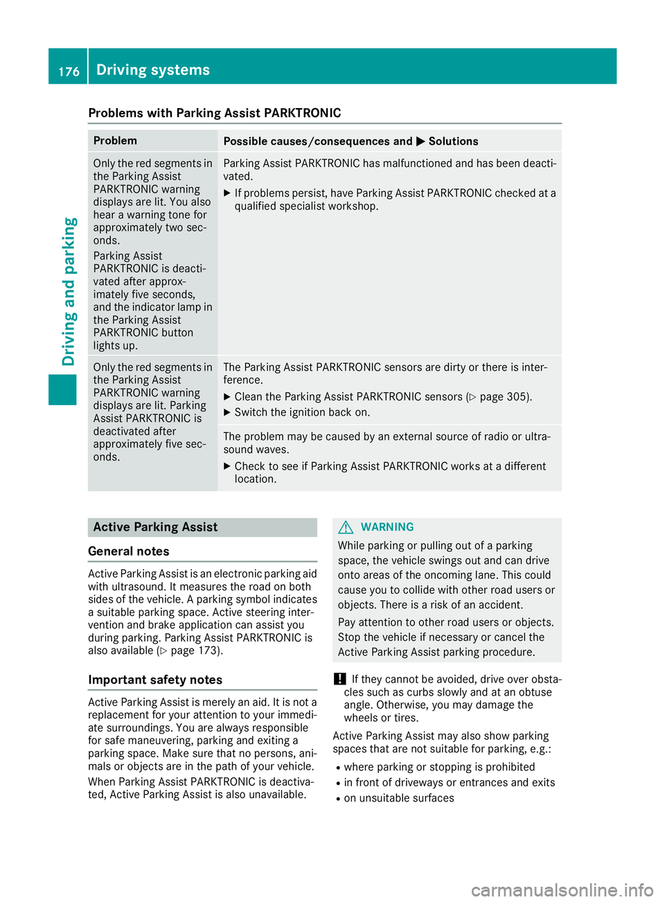 MERCEDES-BENZ GLE COUPE 2019 Owners Manual Problems with Parking Assist PARKTRONIC
Problem
Possible causes/consequences and
0050
0050Solutions Only the red segments in
the Parking Assist
PARKTRONIC warning
displays are lit. You also
hear a war MERCEDES-BENZ GLE COUPE 2019 Owners Manual Problems with Parking Assist PARKTRONIC
Problem
Possible causes/consequences and
0050
0050Solutions Only the red segments in
the Parking Assist
PARKTRONIC warning
displays are lit. You also
hear a war