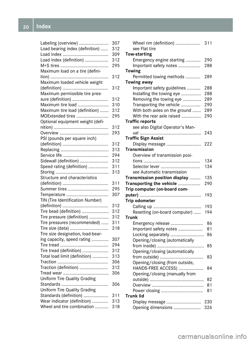 MERCEDES-BENZ SL ROADSTER 2019 Owners Manual Labe
ling(overvie w)........................ 307
Load bearing index (definition) ...... 312
Load index .....................................3 09
Load index (definitio n)....... ............ 312
M+S ti MERCEDES-BENZ SL ROADSTER 2019 Owners Manual Labe
ling(overvie w)........................ 307
Load bearing index (definition) ...... 312
Load index .....................................3 09
Load index (definitio n)....... ............ 312
M+S ti
