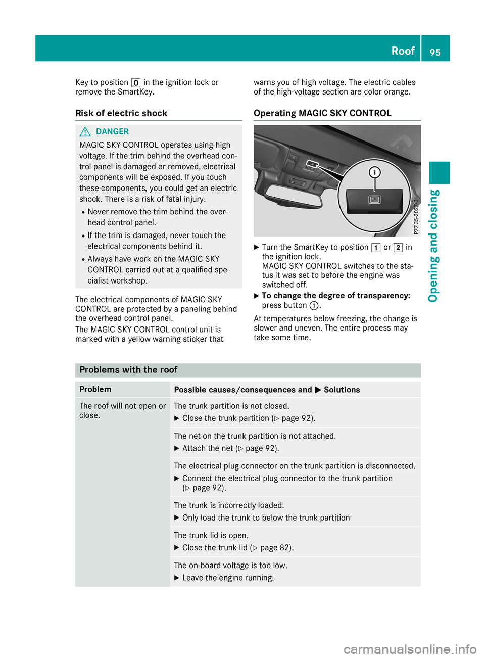 MERCEDES-BENZ SL ROADSTER 2019 Owners Manual Key
topositio n0092 inthe ignition lockor
remove theSmartKey.
Risk ofele ctric shock G
DA
NGER
MAGIC SKYCONTR OLopera tesusing high
voltage .If the trim behind theoverhea dcon-
trol panel isdama gedor MERCEDES-BENZ SL ROADSTER 2019 Owners Manual Key
topositio n0092 inthe ignition lockor
remove theSmartKey.
Risk ofele ctric shock G
DA
NGER
MAGIC SKYCONTR OLopera tesusing high
voltage .If the trim behind theoverhea dcon-
trol panel isdama gedor