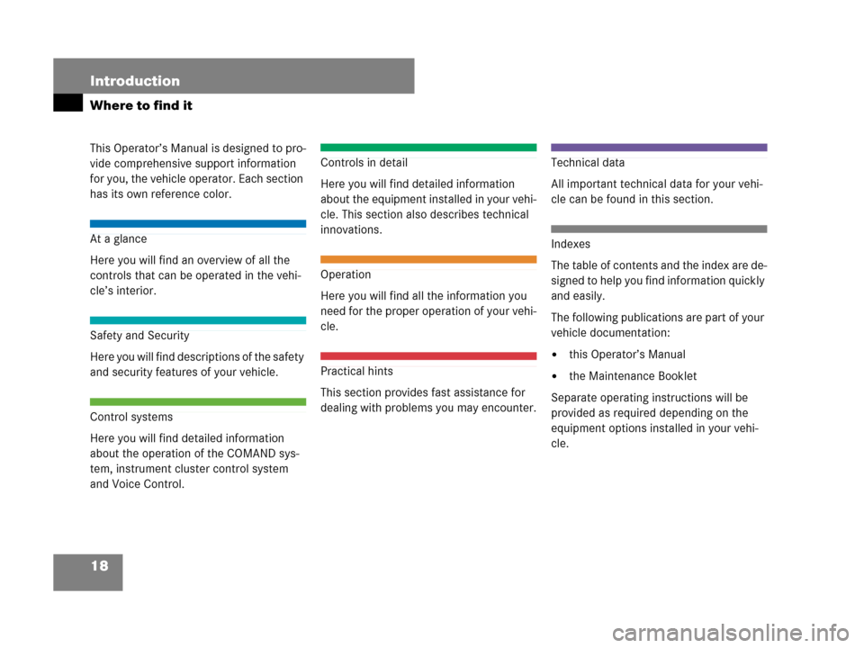 MERCEDES-BENZ CL600 2007 C216 Owners Manual 18 Introduction
Where to find it
This Operator’s Manual is designed to pro-
vide comprehensive support information 
for you, the vehicle operator. Each section 
has its own reference color.
At a gla