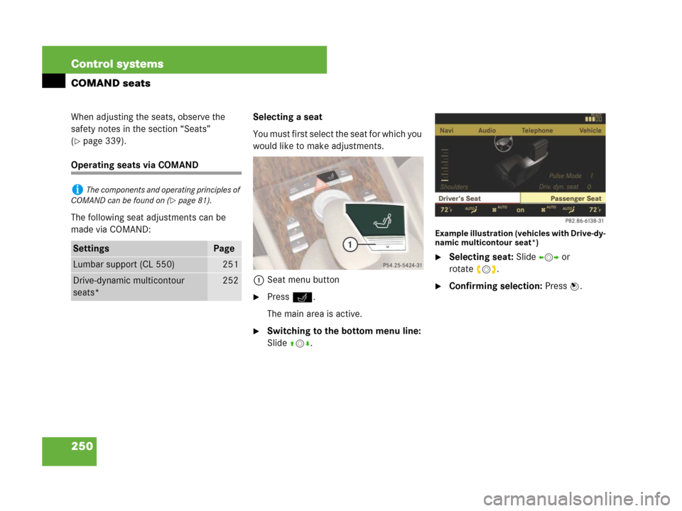 MERCEDES-BENZ CL600 2007 C216 Owners Manual 250 Control systems
COMAND seats
When adjusting the seats, observe the 
safety notes in the section “Seats” 
(
page 339).
Operating seats via COMAND
The following seat adjustments can be 
made vi