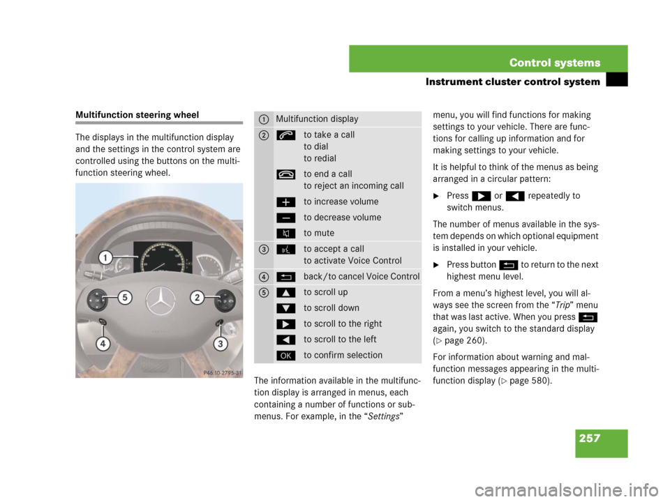 MERCEDES-BENZ CL600 2007 C216 Owners Manual 257 Control systems
Instrument cluster control system
Multifunction steering wheel
The displays in the multifunction display
and the settings in the control system are
controlled using the buttons o MERCEDES-BENZ CL600 2007 C216 Owners Manual 257 Control systems
Instrument cluster control system
Multifunction steering wheel
The displays in the multifunction display
and the settings in the control system are
controlled using the buttons o