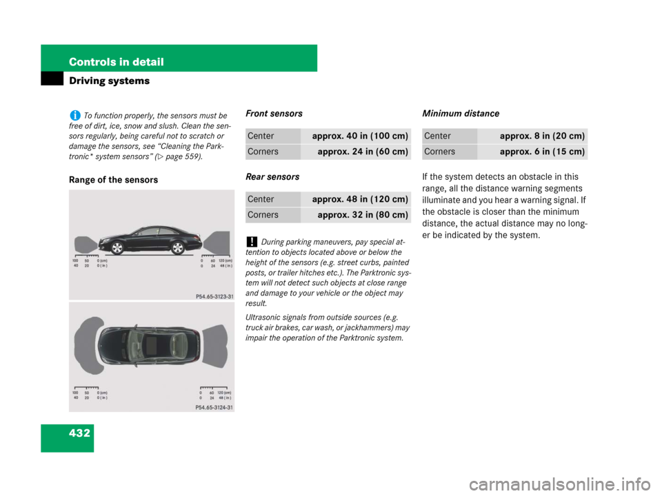 MERCEDES-BENZ CL600 2007 C216 Owners Manual 432 Controls in detail
Driving systems
Range of the sensorsFront sensors
Rear sensorsMinimum distance
If the system detects an obstacle in this
range, all the distance warning segments
illuminate an MERCEDES-BENZ CL600 2007 C216 Owners Manual 432 Controls in detail
Driving systems
Range of the sensorsFront sensors
Rear sensorsMinimum distance
If the system detects an obstacle in this
range, all the distance warning segments
illuminate an