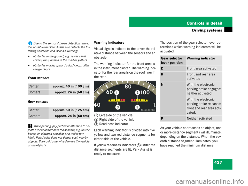 MERCEDES-BENZ CL600 2007 C216 Owners Manual 437 Controls in detail
Driving systems
Front sensors
Rear sensorsWarning indicators
Visual signals indicate to the driver the rel-
ative distance between the sensors and an
obstacle.
The warning ind MERCEDES-BENZ CL600 2007 C216 Owners Manual 437 Controls in detail
Driving systems
Front sensors
Rear sensorsWarning indicators
Visual signals indicate to the driver the rel-
ative distance between the sensors and an
obstacle.
The warning ind