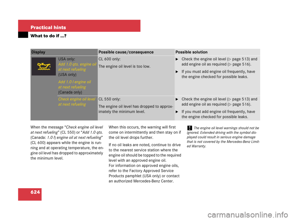 MERCEDES-BENZ CL600 2007 C216 Owners Manual 624 Practical hints
What to do if …?
When the message “Check engine oil level
at next refueling” (CL 550) or “Add 1.0 qts.
(Canada:1.0 l) engine oil at next refueling”
(CL 600) appears wh MERCEDES-BENZ CL600 2007 C216 Owners Manual 624 Practical hints
What to do if …?
When the message “Check engine oil level
at next refueling” (CL 550) or “Add 1.0 qts.
(Canada:1.0 l) engine oil at next refueling”
(CL 600) appears wh