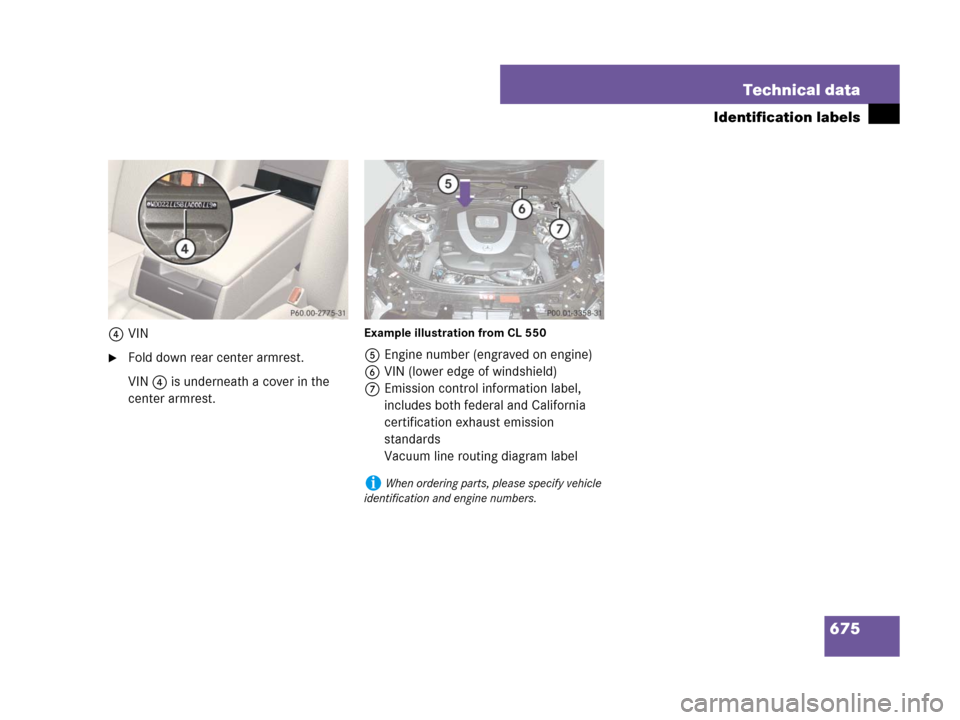 MERCEDES-BENZ CL600 2007 C216 Owners Manual 675 Technical data
Identification labels
4VIN
Fold down rear center armrest.
VIN 4 is underneath a cover in the 
center armrest.
Example illustration from CL 550
5Engine number (engraved on engine)
6