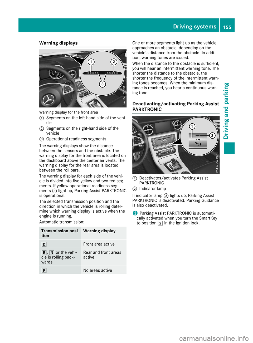 MERCEDES-BENZ SLC ROADSTER 2019  Owners Manual Warning
displays Warni
ngdisp layforthe front area
0043 Segments onthe left-ha ndside ofthe vehi-
cle
0044 Segments onthe right-ha ndside ofthe
vehicl e
0087 Opera tional readiness segme nts
The warni