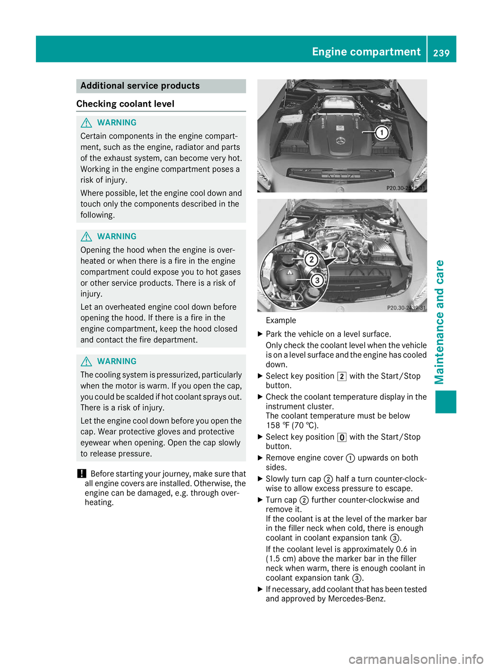 MERCEDES-BENZ AMG GT ROADSTER 2019  Owners Manual Additional service products
Checking coolant level G
WARNING
Certain components in the engine compart-
ment, such as the engine, radiator and parts
of the exhaust system, can become very hot.
Working 