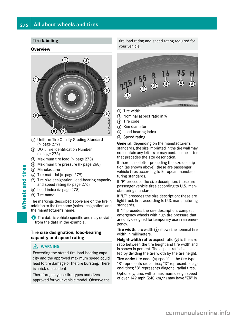 MERCEDES-BENZ AMG GT ROADSTER 2019  Owners Manual Tire labeling
Overview 0043
Uniform Tire Quality Grading Standard
(Y page 279)
0044 DOT, Tire Identification Number
(Ypage 278)
0087 Maximum tire load (Y page 278)
0085 Maximum tire pressure (Y page 2
