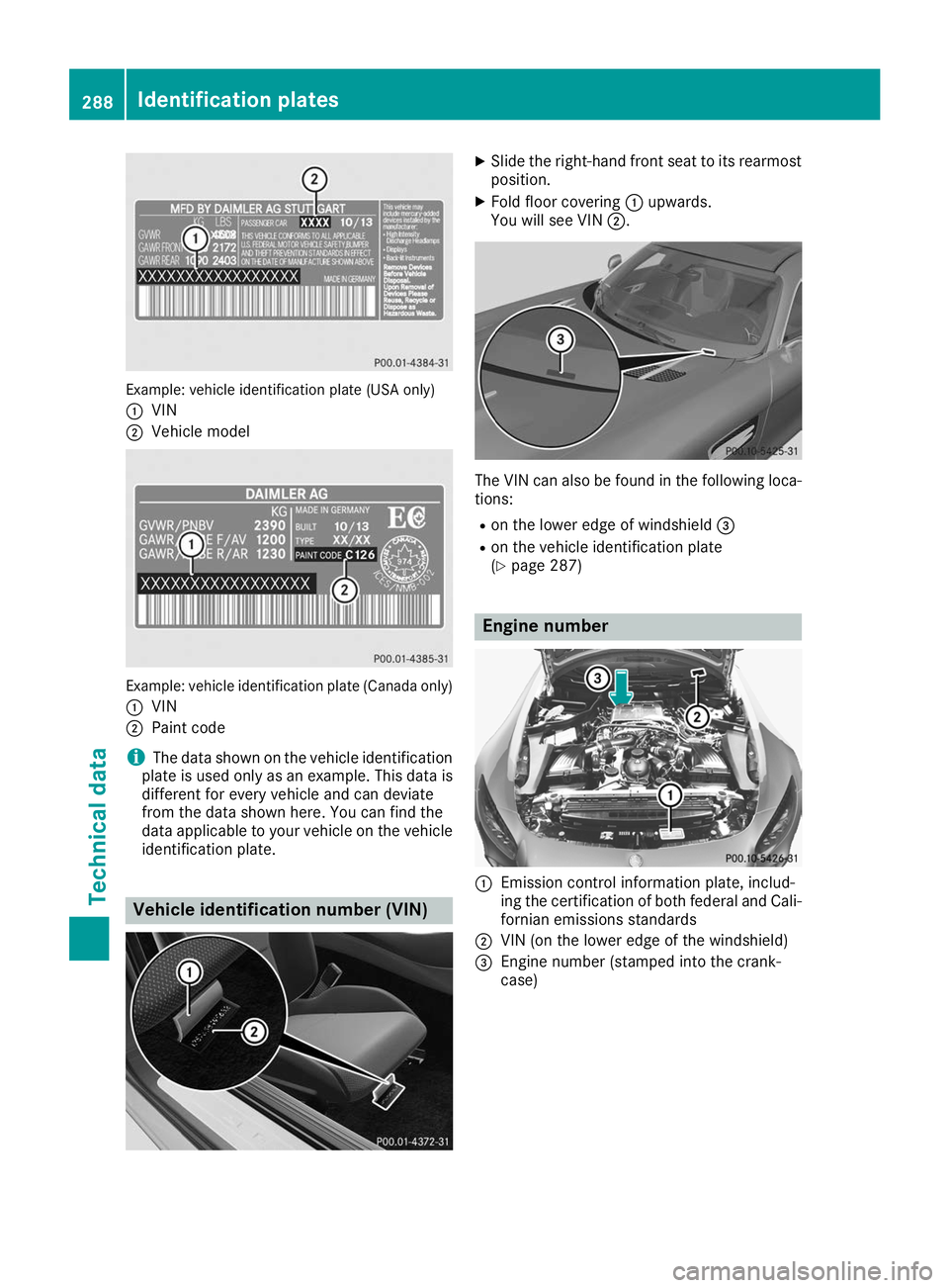 MERCEDES-BENZ AMG GT ROADSTER 2019  Owners Manual Example: vehicle identification plate (USA only)
0043 VIN
0044 Vehicle model Example: vehicle identification plate (Canada only)
0043 VIN
0044 Paint code
i The data shown on the vehicle identification