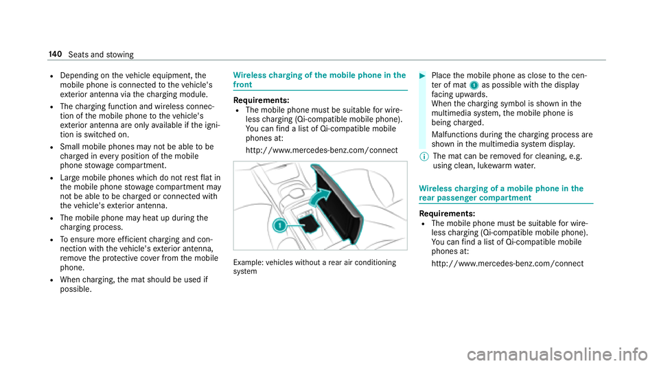 MERCEDES-BENZ S-CLASS SEDAN 2018 Owners Manual RDepending ontheve hicle equipment, the
mobile phone is connected totheve hicle's
ex terior antenna via thech arging module.
RThe charging function and wireless connec‐
tion of the mobile phone MERCEDES-BENZ S-CLASS SEDAN 2018 Owners Manual RDepending ontheve hicle equipment, the
mobile phone is connected totheve hicle's
ex terior antenna via thech arging module.
RThe charging function and wireless connec‐
tion of the mobile phone