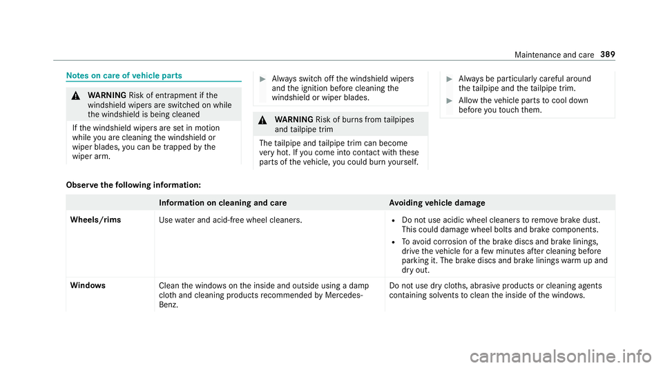 MERCEDES-BENZ S-CLASS SEDAN 2018  Owners Manual Notes on care of vehicle parts
&
WARNING Risk of entrapment if the
windshield wipers are switch ed on while
th e windshield is being cleaned
If th e windshield wipers are set in motion
while you are c