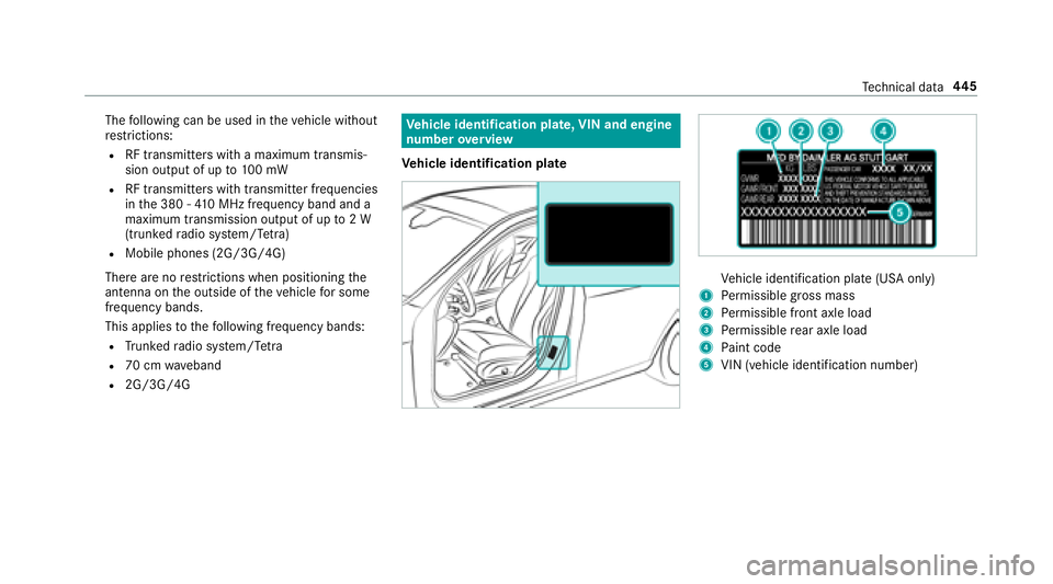 MERCEDES-BENZ S-CLASS SEDAN 2018  Owners Manual Thefollowing can be used in theve hicle without
re strictions:
RRF transmitters wi tha maximum transmis‐
sion output of up to100 mW
RRF transmitters with transmitter frequencies
inthe 380 - 410 MHz 