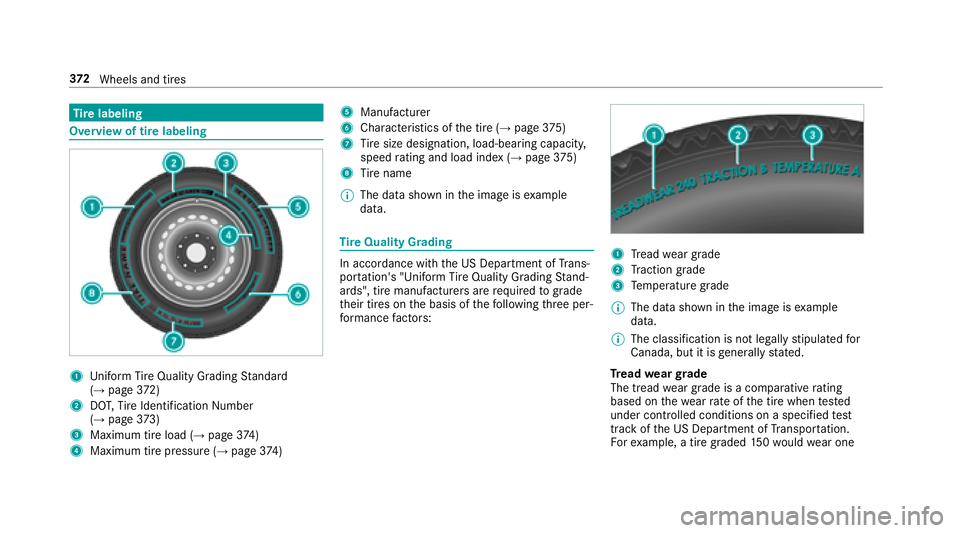 MERCEDES-BENZ E-CLASS WAGON 2018  Owners Manual Tire labeling
Overview of tire labeling
1Uni form Ti reQuality Grading Standard
(→page 372)
2DO T,Tire Identification Number
(→page 373)
3Ma ximum tire load (→page 374)
4Maximum tire pressure (