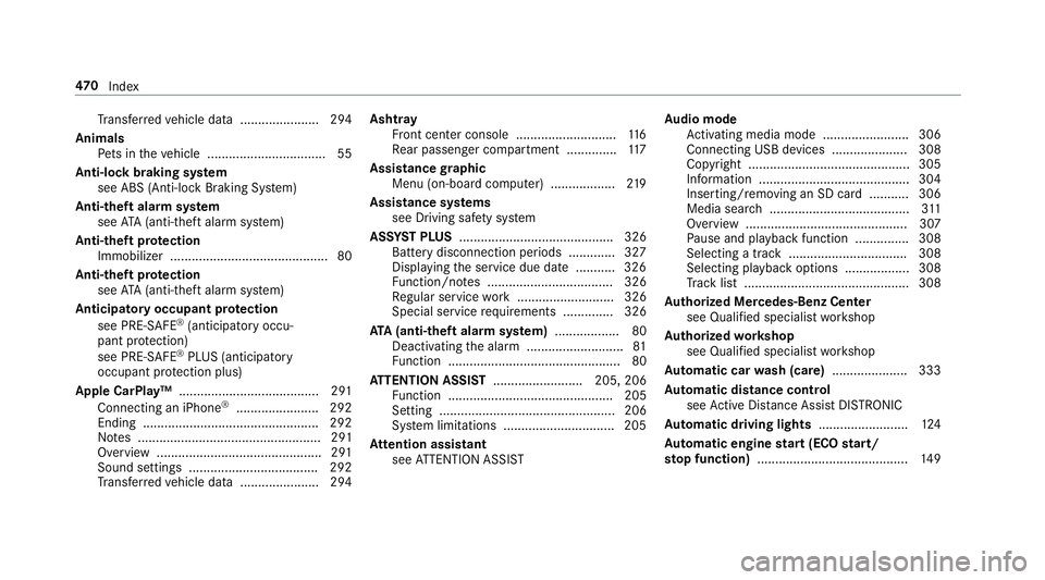 MERCEDES-BENZ E-CLASS WAGON 2018 Owners Manual Trans ferred vehicle data ......................2 94
Animals Pets in theve hicle ................................. 55
Anti-lock braking sy stem
see ABS (Anti-lock Braking Sy stem)
Anti-theft alarm sy MERCEDES-BENZ E-CLASS WAGON 2018 Owners Manual Trans ferred vehicle data ......................2 94
Animals Pets in theve hicle ................................. 55
Anti-lock braking sy stem
see ABS (Anti-lock Braking Sy stem)
Anti-theft alarm sy