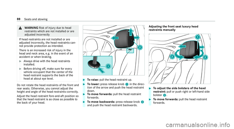 MERCEDES-BENZ E-CLASS WAGON 2018 Owners Manual &WARNING Risk of injury duetohead
re stra ints which are not ins talled or are
adjus ted incor rectly
If head restra ints are not ins talled or are
adjus ted incor rectly, the head restra ints can‐
MERCEDES-BENZ E-CLASS WAGON 2018 Owners Manual &WARNING Risk of injury duetohead
re stra ints which are not ins talled or are
adjus ted incor rectly
If head restra ints are not ins talled or are
adjus ted incor rectly, the head restra ints can‐