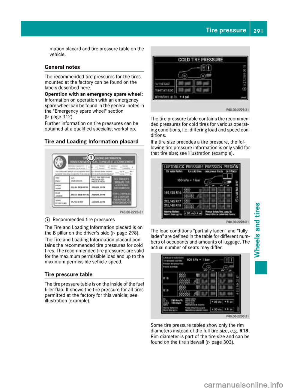 MERCEDES-BENZ CLA COUPE 2018 Owners Manual mation placard and tire pressure table on the
vehicle.
General notes
The recommended tire pressures for the tires
mounted at the factory can be found on the
labels described here.
Operation with an em MERCEDES-BENZ CLA COUPE 2018 Owners Manual mation placard and tire pressure table on the
vehicle.
General notes
The recommended tire pressures for the tires
mounted at the factory can be found on the
labels described here.
Operation with an em