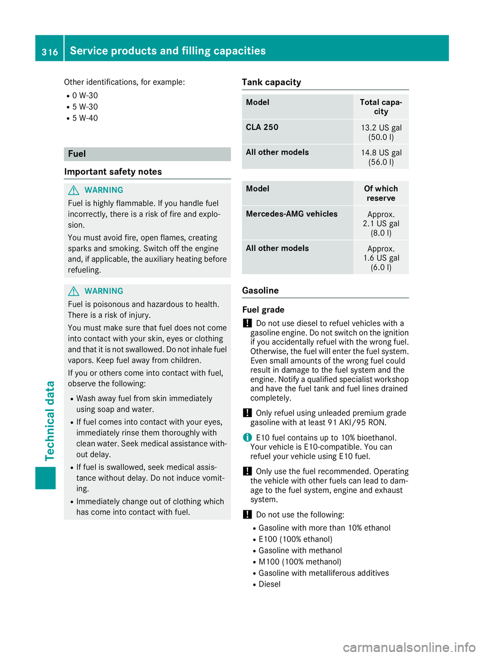 MERCEDES-BENZ CLA COUPE 2018 Owners Manual Other identifications, for example:
R0W-30
R5W-30
R5W-40
Fuel
Important safety notes
GWARNING
Fuel is highly flammable. If you handle fuel
incorrectly, there is arisk of fire and explo-
sion.
You must MERCEDES-BENZ CLA COUPE 2018 Owners Manual Other identifications, for example:
R0W-30
R5W-30
R5W-40
Fuel
Important safety notes
GWARNING
Fuel is highly flammable. If you handle fuel
incorrectly, there is arisk of fire and explo-
sion.
You must