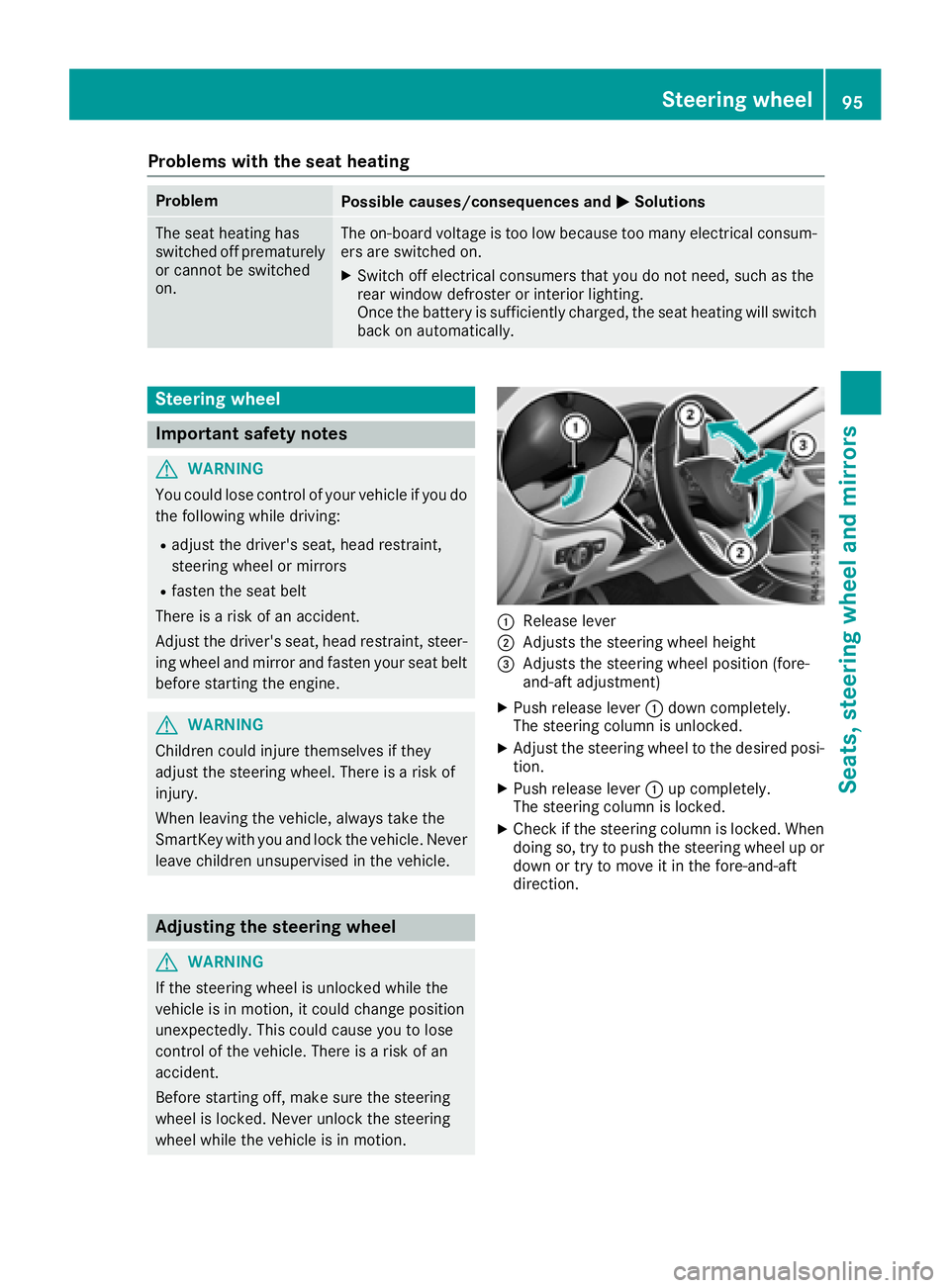 MERCEDES-BENZ CLA COUPE 2018 Owners Manual Problems with the seat heating
ProblemPossible causes/consequences andMSolutions
The seat heating has
switched off prematurely
or cannot be switched
on.The on-board voltage is too low because too many MERCEDES-BENZ CLA COUPE 2018 Owners Manual Problems with the seat heating
ProblemPossible causes/consequences andMSolutions
The seat heating has
switched off prematurely
or cannot be switched
on.The on-board voltage is too low because too many