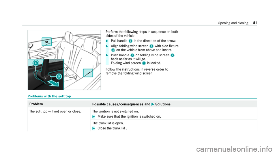 MERCEDES-BENZ S-CLASS COUPE 2018  Owners Manual Perform thefo llowing steps in sequence on bo th
sides of theve hicle:
#Pull handle 5inthe direction of the ar row.
#Align folding wind screen 1with side fixture
4 ontheve hicle from abo veand insert.