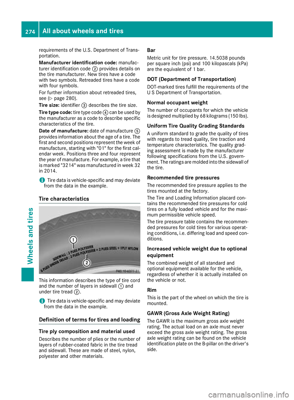 MERCEDES-BENZ AMG GT COUPE 2018 Owners Manual requirements of the U.S. Department of Trans-
portation.
Manufacturer identification code:manufac-
turer identification code ;provides details on
the tire manufacturer. New tires have a code
with two MERCEDES-BENZ AMG GT COUPE 2018 Owners Manual requirements of the U.S. Department of Trans-
portation.
Manufacturer identification code:manufac-
turer identification code ;provides details on
the tire manufacturer. New tires have a code
with two