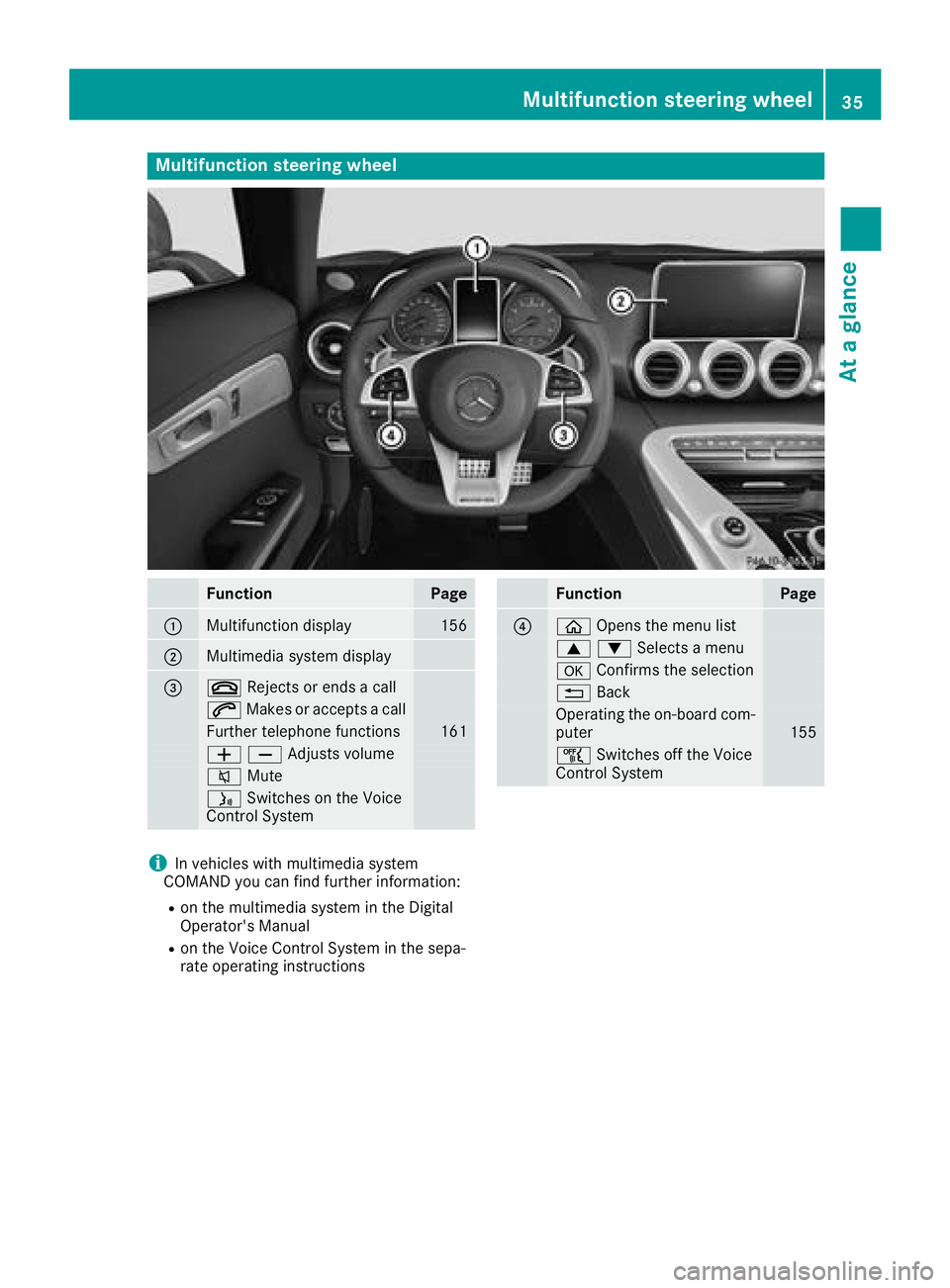 MERCEDES-BENZ AMG GT COUPE 2018  Owners Manual Multifunction steering wheel
FunctionPage
:Multifunction display156
;Multimedia system display
=~Rejects or ends a call
6Makes or accepts a call
Further telephone functions161
WXAdjusts volume
8 Mute
