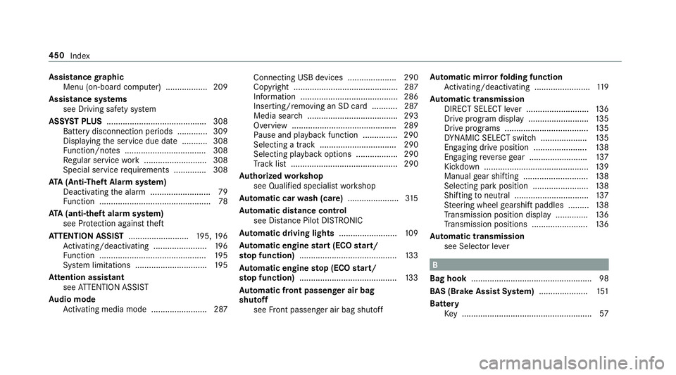 MERCEDES-BENZ E-CLASS COUPE 2018 Owners Manual Assistancegraphic
Menu (on-board computer) .................. 209
Assistance sy stems
see Driving saf etysy stem
ASS YST PLUS ........................................... 308
Battery disconnection pe r MERCEDES-BENZ E-CLASS COUPE 2018 Owners Manual Assistancegraphic
Menu (on-board computer) .................. 209
Assistance sy stems
see Driving saf etysy stem
ASS YST PLUS ........................................... 308
Battery disconnection pe r