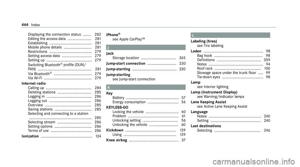 MERCEDES-BENZ E-CLASS COUPE 2018  Owners Manual Displaying the connection status ........ 282
Editing the access data ....................... 281
Es tablishing ........................................ .281
Mobile phone de tails ....................