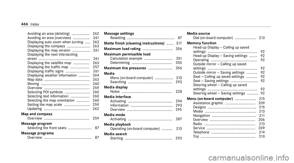 MERCEDES-BENZ E-CLASS COUPE 2018  Owners Manual Avoiding an area (deleting) .................. 262
Av oiding an area (o verview) ................ .261
Displ aying auto zoom when turning .... .263
Display ingthe compass ....................... 263
D