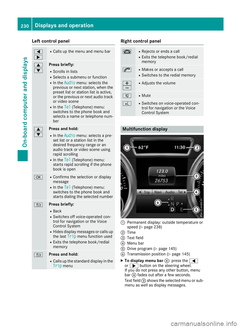 MERCEDES-BENZ GLE SUV 2018 Owners Manual Left control panel
=
;RCalls up the menu and menu bar
9
:Press briefly:
RScrolls in lists
RSelects a submenu or function
RIn theAudiomenu: selects the
previous or next station, when the
preset list or MERCEDES-BENZ GLE SUV 2018 Owners Manual Left control panel
=
;RCalls up the menu and menu bar
9
:Press briefly:
RScrolls in lists
RSelects a submenu or function
RIn theAudiomenu: selects the
previous or next station, when the
preset list or