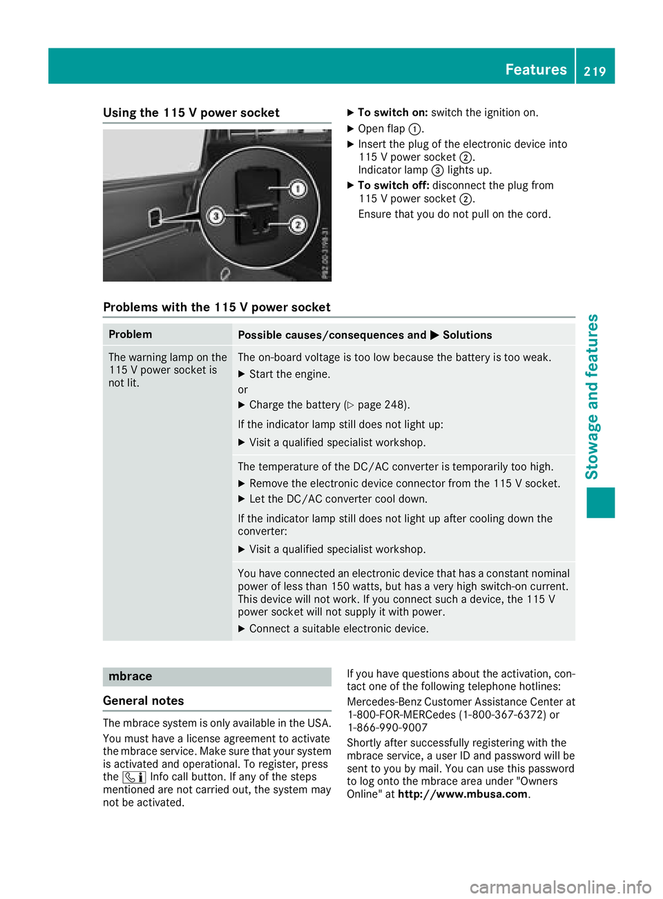 MERCEDES-BENZ G-CLASS 2018  Owners Manual Using the 115 V power socketXTo switch on:switch the ignition on.
XOpen flap:.
XInsert the plug of the electronic device into
115 V power socket ;.
Indicator lamp =lights up.
XTo switch off: disconnec