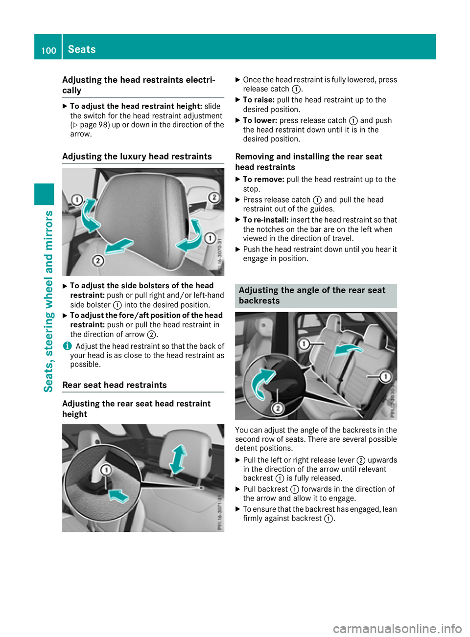 MERCEDES-BENZ GLE COUPE 2018 Owners Manual Adjusting the head restraints electri-
cally
XTo adjust th ehea drestrain theight :slid e
th eswitch for th ehead restrain tadjustmen t
(
Ypage 98) up or down in th edirection of th e
arrow.
Adjusting MERCEDES-BENZ GLE COUPE 2018 Owners Manual Adjusting the head restraints electri-
cally
XTo adjust th ehea drestrain theight :slid e
th eswitch for th ehead restrain tadjustmen t
(
Ypage 98) up or down in th edirection of th e
arrow.
Adjusting
