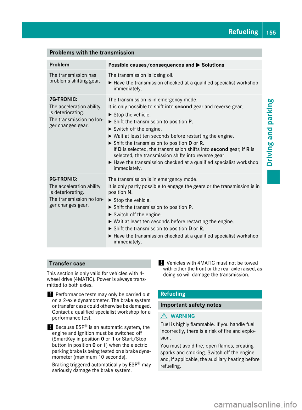 MERCEDES-BENZ GLS SUV 2018 Owners Manual Problems with the transmission
ProblemPossible causes/consequences andMSolutions
The transmission has
problems shifting gear.The transmission is losing oil.
XHave the transmission checked at a qualifi MERCEDES-BENZ GLS SUV 2018 Owners Manual Problems with the transmission
ProblemPossible causes/consequences andMSolutions
The transmission has
problems shifting gear.The transmission is losing oil.
XHave the transmission checked at a qualifi