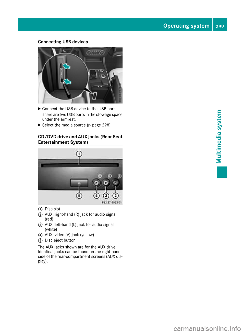 MERCEDES-BENZ GLS SUV 2018  Owners Manual Connecting USB devices
XConnect the USB device to the USB port.
There are two USB ports in the stowage space
under the armrest.
XSelect the media source (Ypage 298).
CD/DVD drive and AUX jacks (Rear S