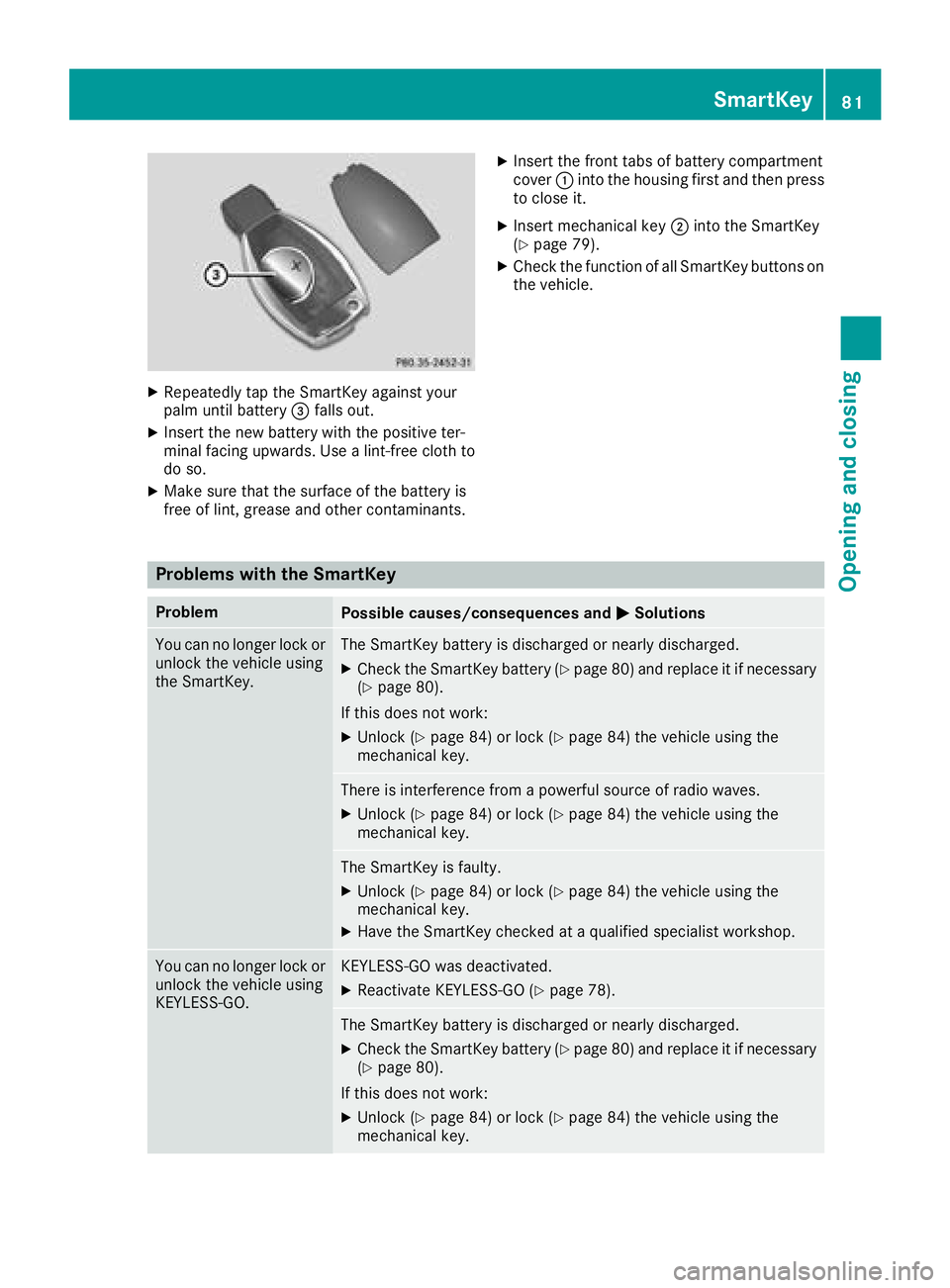 MERCEDES-BENZ GLS SUV 2018 Owners Manual XRepeatedly tap theSmartKey against your
palm until battery =falls out .
XInsertth ene wbattery wit hth epositive ter-
minal facing upwards. Use alint-free cloth to
do so.
XMak esur ethat th esurfac e MERCEDES-BENZ GLS SUV 2018 Owners Manual XRepeatedly tap theSmartKey against your
palm until battery =falls out .
XInsertth ene wbattery wit hth epositive ter-
minal facing upwards. Use alint-free cloth to
do so.
XMak esur ethat th esurfac e