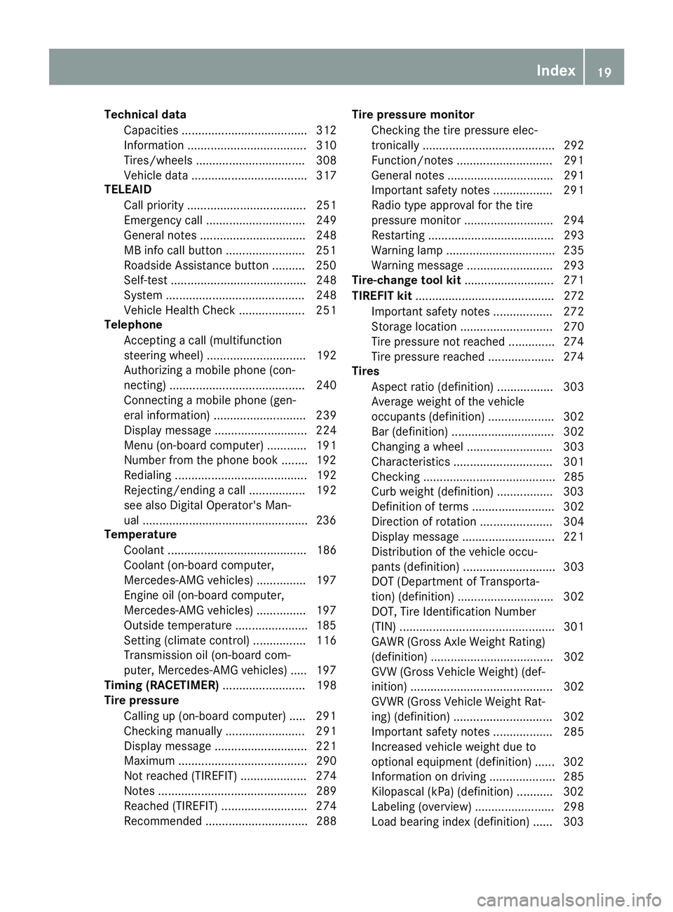 MERCEDES-BENZ SL ROADSTER 2018 Owners Manual Technical dataCapacities ...................................... 312
Information .................................... 310
Tires/wheels ................................. 308
Vehicle data ............... MERCEDES-BENZ SL ROADSTER 2018 Owners Manual Technical dataCapacities ...................................... 312
Information .................................... 310
Tires/wheels ................................. 308
Vehicle data ...............