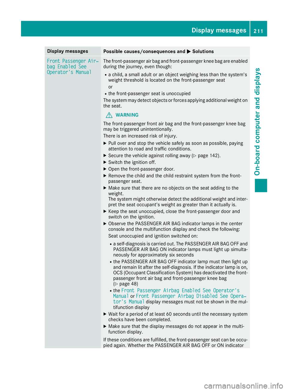 MERCEDES-BENZ SL ROADSTER 2018 Owners Manual Display messagesPossible causes/consequences andMSolutions
FrontPassengerAir‐bag Enable dSeeOperator' sManual
The front-passenger air bag and front-passenger knee bag are enabled
during th ejour MERCEDES-BENZ SL ROADSTER 2018 Owners Manual Display messagesPossible causes/consequences andMSolutions
FrontPassengerAir‐bag Enable dSeeOperator' sManual
The front-passenger air bag and front-passenger knee bag are enabled
during th ejour
